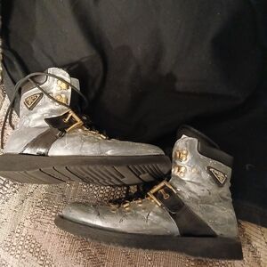Prada Metallic Silver and Black Combat Boots